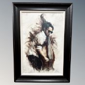 A contemporary limited edition print of a cello player, 49 cm x 75 cm, framed.