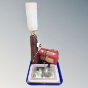 A tray of turned wooden 1970's table lamp with glass shade,