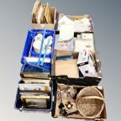 A pallet of seven boxes and crates of assorted pictures, Doulton dinner china, picture frames,