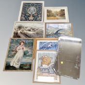 A 1930's frameless mirror together with seven further wool panels, prints,
