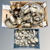 A box and a crate containing assorted plated wares, tankards, salver,