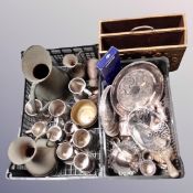 Two boxes of 20th century plated wares, stainless steel tankards,
