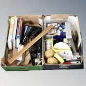 Two boxes of art supplies, books, angle poise lamp,
