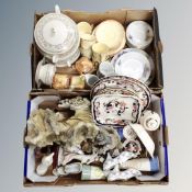 Two boxes of assorted ceramics, Masons Mandalay ornaments,