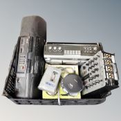 A box of radio cassette players, Sanyo stereo walkman, vintage headphones,