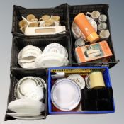 Five baskets of 20th century glass and ceramic tea and dinner ware, Royal Doulton,