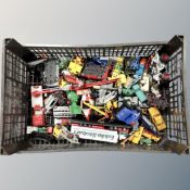 A box of mid century and later play-worn die-cast and plastic vehicles, Corgi,