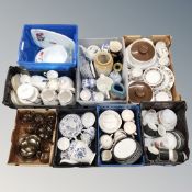 A pallet of eight boxes and crates containing assorted ceramics, glass, tea and dinner ware,