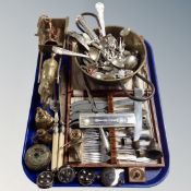 A tray of antique copper cast iron colander, brass figures, hand bells, horse and cart,