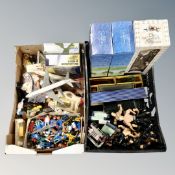 A box and crate containing collector's dolls, wrestling figures, Playmobil figures,