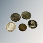 Two Georgian pennies, two Victorian half crowns and an 1862 half penny.