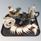 A tray of plated wares, cast iron Stags head wall rack,