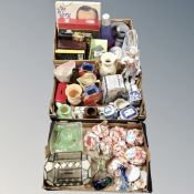 Three boxes of glass and ceramics, Ringtons, Maling ware, bisque figure,