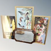 An Edwardian oak octagonal beaded framed mirror together with an oil on board depicting boats at a