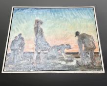 Twentieth century Continental School: Figures working, oil on canvas, 91 cm x 69 cm, framed.