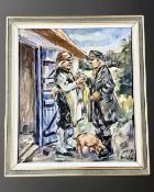 Twentieth century Continental School: Figures by a cottage, oil on canvas, 59 cm x 69 cm,