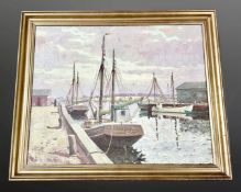 Twentieth century Continental School: Sailing boats in a dock, oil on canvas, 80 cm x 65 cm, framed.