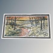 Twentieth century Continental School: Lane at sunset, oil on board, 59 cm x 29 cm, initialled 'PR'.