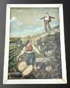 Twentieth century Continental School: Figures on a hillside, oil on canvas, indistinctly signed,