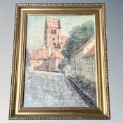 Twentieth century Continental School: Buildings in a street, oil on canvas, 53 cm x 39 cm. Framed.