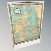 A coloured map of Denmark, total frame 71cm by 101cm.
