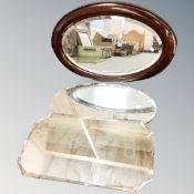 An antique mahogany beaded framed mirror together with two 1930's frameless mirrors