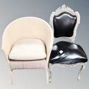 A 20th century painted loom chair together with a French style black dining chair