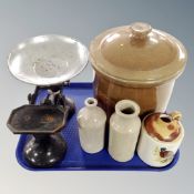 A box of lidded bread crock,