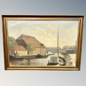 Erik Rasmussen : Boats in a canal, oil on canvas, 95cm by 64cm.