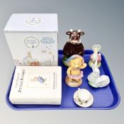 A tray of ceramics, tale of Peter Rabbit money box, further ceramic figures,