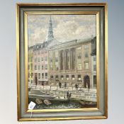 Heinrich Nielsen : Figures on a canal, oil on canvas, 37cm by 51cm.