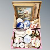 Two boxes containing assorted ceramics including Royal Copenhagen blue and white annual plates,