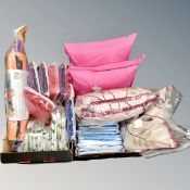 Two boxes containing new Veeyo fitted table cloths, shopping bags, space saver bags, cushions, etc.