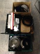 Four boxes containing catering items including chopping boards, mixing bowls, oven tins, dishes etc.