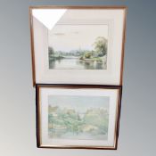 A 20th century watercolour study of figures on a lake with trees beyond,