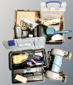 A Black and Decker bench grinder together with a tool box and a further box containing Black and