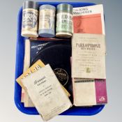 A tray of gramophone ephemera, 78's on Brunswick, Columbia labels,