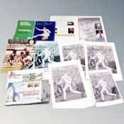 A tray of football memorabilia, Jack Charlton charity dinner advertisement, signed,