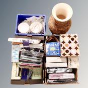 Three boxes containing white and gilt German dinnerware, kid's stools, bedding, file boxes,