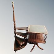 A set of library steps together with a book table on pedestal, both with leather inset panels.