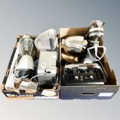 Two boxes containing kitchen electricals including Kitchenaid food mixer, blender,