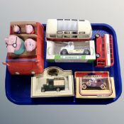 A tray of die cast and other vehicles including Day's gone, Lledo, Corgi volvo racing truck,