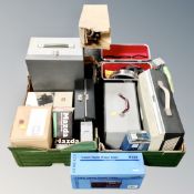 Two boxes of Roberts radio, Super 8 movie editor, Fidelity playmaster reel to reel,