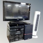 A Toshiba 32 inch LCD TV with remote together with a Pioneer hifi system with speakers and remote,