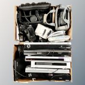 Two boxes of video cameras, DVD players,