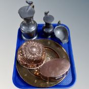 A tray of antique and later metal wares, pewter teapots, gravy boat, copper table box,