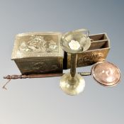An antique copper bed warming pan together with a further brass slipper box and magazine rack,