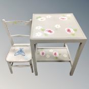 A painted child's chair together with occasional table