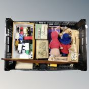 A basket of toys, die cast vehicles, wooden chess pieces, Sylvanian family figures,