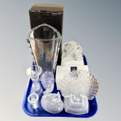 A tray of glass ware, Thomas Webb vase in box, Caithness vase, French crystal tortoise in box,